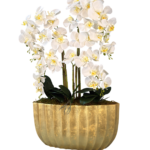 Orquídea Artificial Branca em Vaso Oval Dourado Ranhurado
